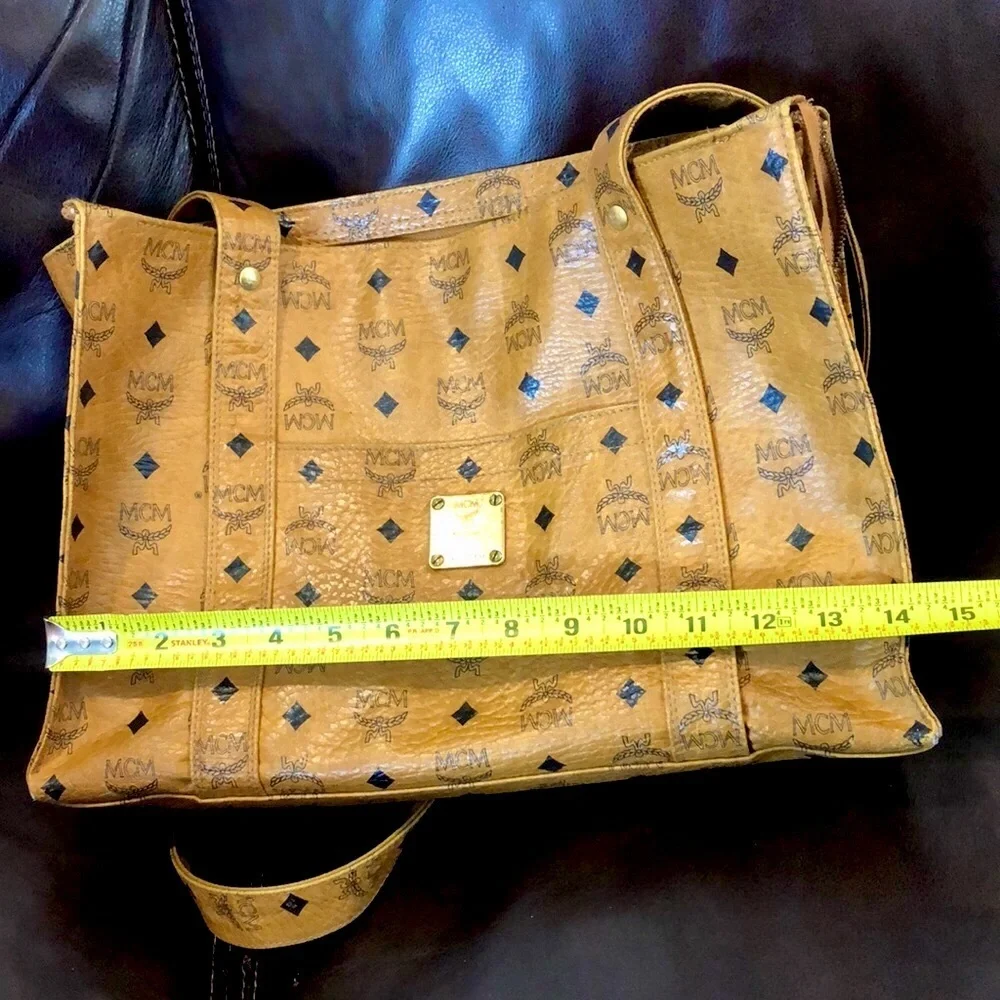 MCM Cognac Visetos Top Zipper Shoulder Briefcase Work Bag Authentic EUC